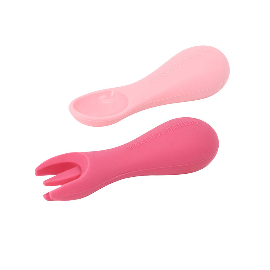 Marcus & Marcus Silicone Palm Grasp Spoon and Fork Set in pink, Pokey the Piglet