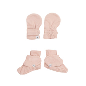 Kays+Kins Nomadic Sand bamboo cotton mitts and booties flat lay