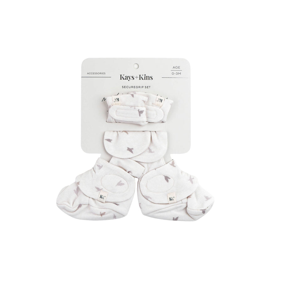 Kays+Kins SecureGrip Mitts and Booties Set in the Avian print