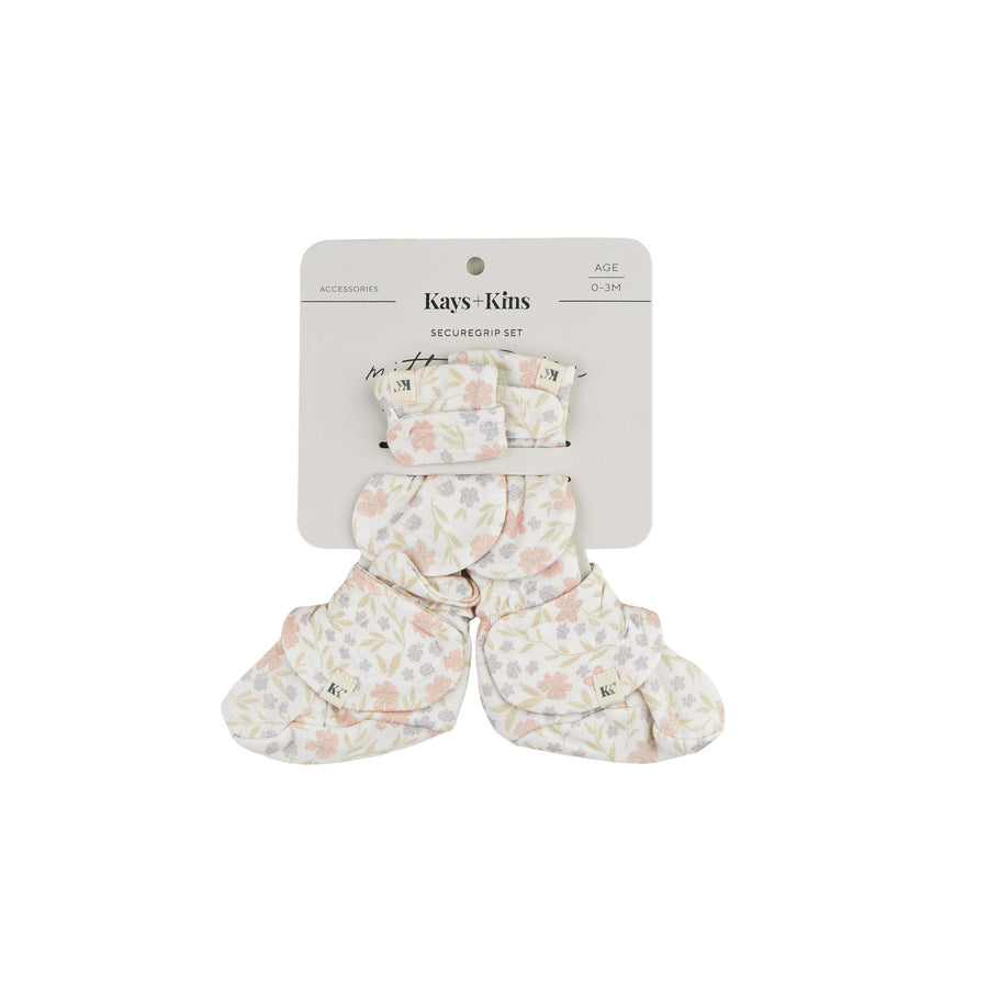 Kays+Kins SecureGrip Mitts and Booties Set in the Petalyn print, boxed