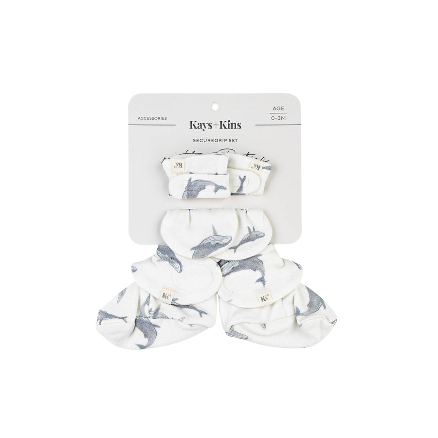 Kays+Kins SecureGrip Mitts and Booties Set in the Whales Lullaby print