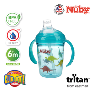 Nuby Tritan Spout Cup with Handles 8oz 240ml, Jurassic aqua dinosaur print, BPA free, 6 months plus
