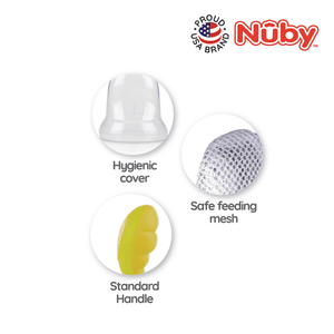 Nuby Nibbler features: hygienic cover, safe feeding mesh, standard handle