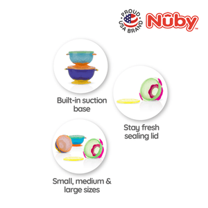 Nuby Stackable Suction Bowl features: built-in suction base, stay fresh sealing lid, three sizes