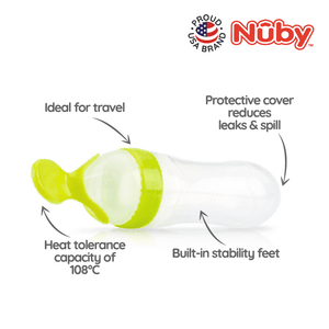 Nuby Garden Fresh Silicone Squeeze Feeder features: protective cover, built-in stability feet, 108C heat tolerance