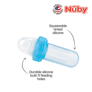 Nuby Mini Squeeze Feeder features: squeezable tinted silicone, durable silicone bulb with 11 feeding holes