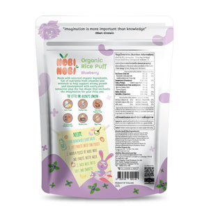 Nobi Nobi Organic Rice Puff Blueberry pack back with ingredients and nutrition panel