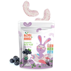 Nobi Nobi Organic Rice Puff Blueberry pouch with puffs