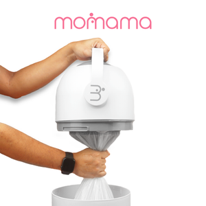Momama Odour Free Nappy Bin lid lifted and full bag being removed