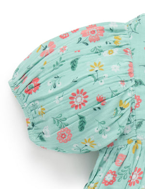 Purebaby Guava Floral Gathered Dress - puffed sleeve detail