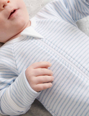 Purebaby Essentials Zip Growsuit - Pale Blue Melange Stripe worn