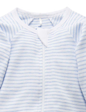 Purebaby Essentials Zip Growsuit - Pale Blue Melange Stripe, zip and safety fold detail