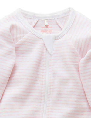 Purebaby Essentials Zip Growsuit - Pale Pink Melange Stripe, zip and safety fold detail