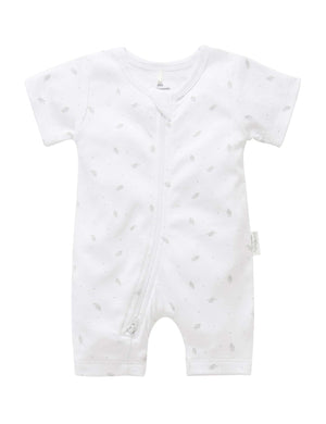 Purebaby Short Sleeve Short Leg Zip Growsuit in Pale Grey Leaf with Spot - official product photo 1
