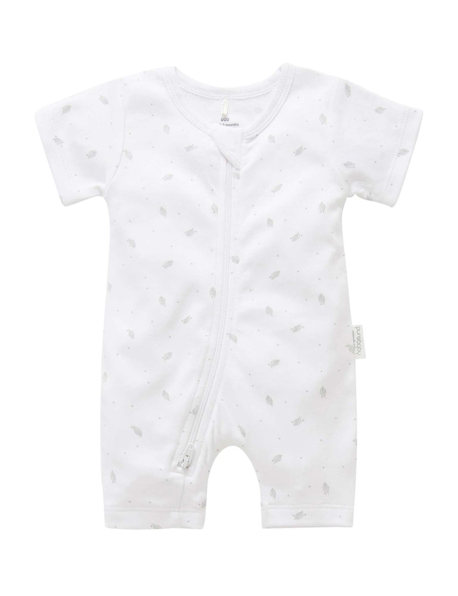 Purebaby Short Sleeve Short Leg Zip Growsuit in Pale Grey Leaf with Spot - official product photo 1
