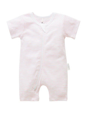 Purebaby Short Sleeve Short Leg Zip Growsuit in Pale Pink Melange Stripe - official product photo 1
