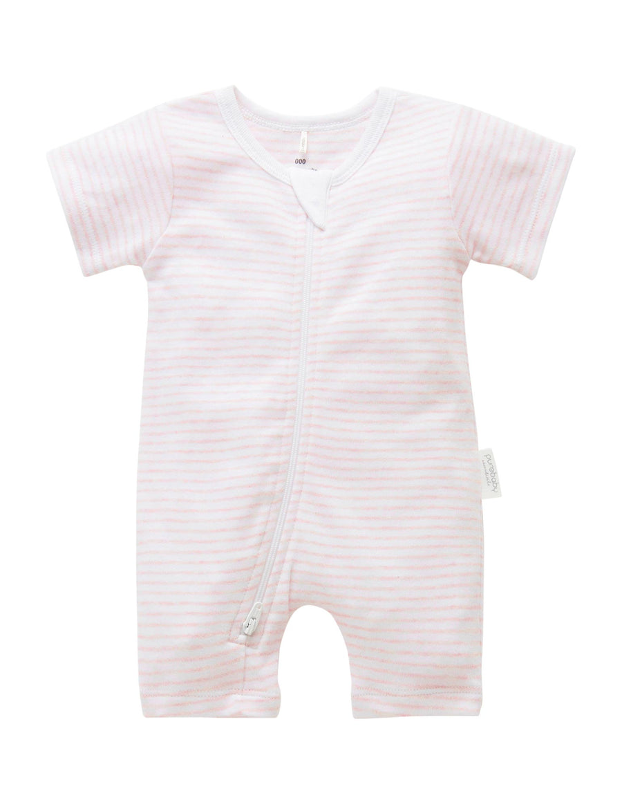 Purebaby Short Sleeve Short Leg Zip Growsuit in Pale Pink Melange Stripe - official product photo 1