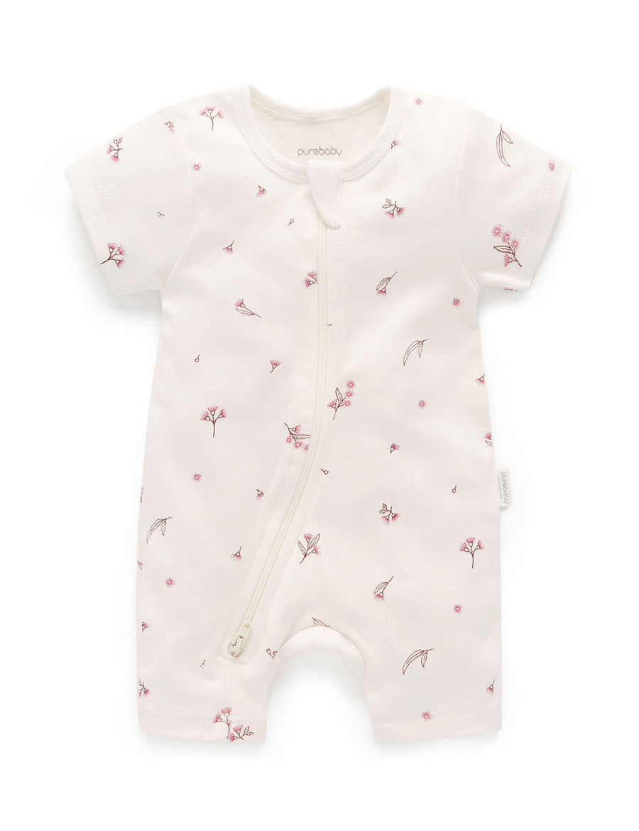 Purebaby Short Sleeve Short Leg Zip Growsuit in Vanilla Blossom - official product photo 1