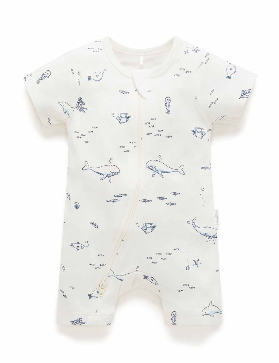 Purebaby Short Sleeve Short Leg Zip Growsuit in Vanilla Nautical - official product photo 1