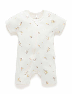 Purebaby Short Sleeve Short Leg Zip Growsuit in Vanilla Wattle Bee - official product photo 1