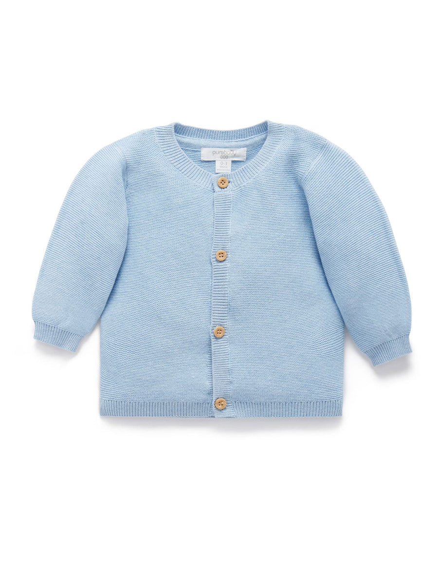 Purebaby Essentials Textured Cardigan in Blue Melange, organic cotton knit baby cardigan