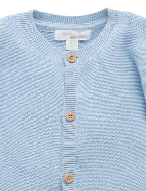Purebaby Essentials Textured Cardigan in Blue Melange, organic cotton knit baby cardigan