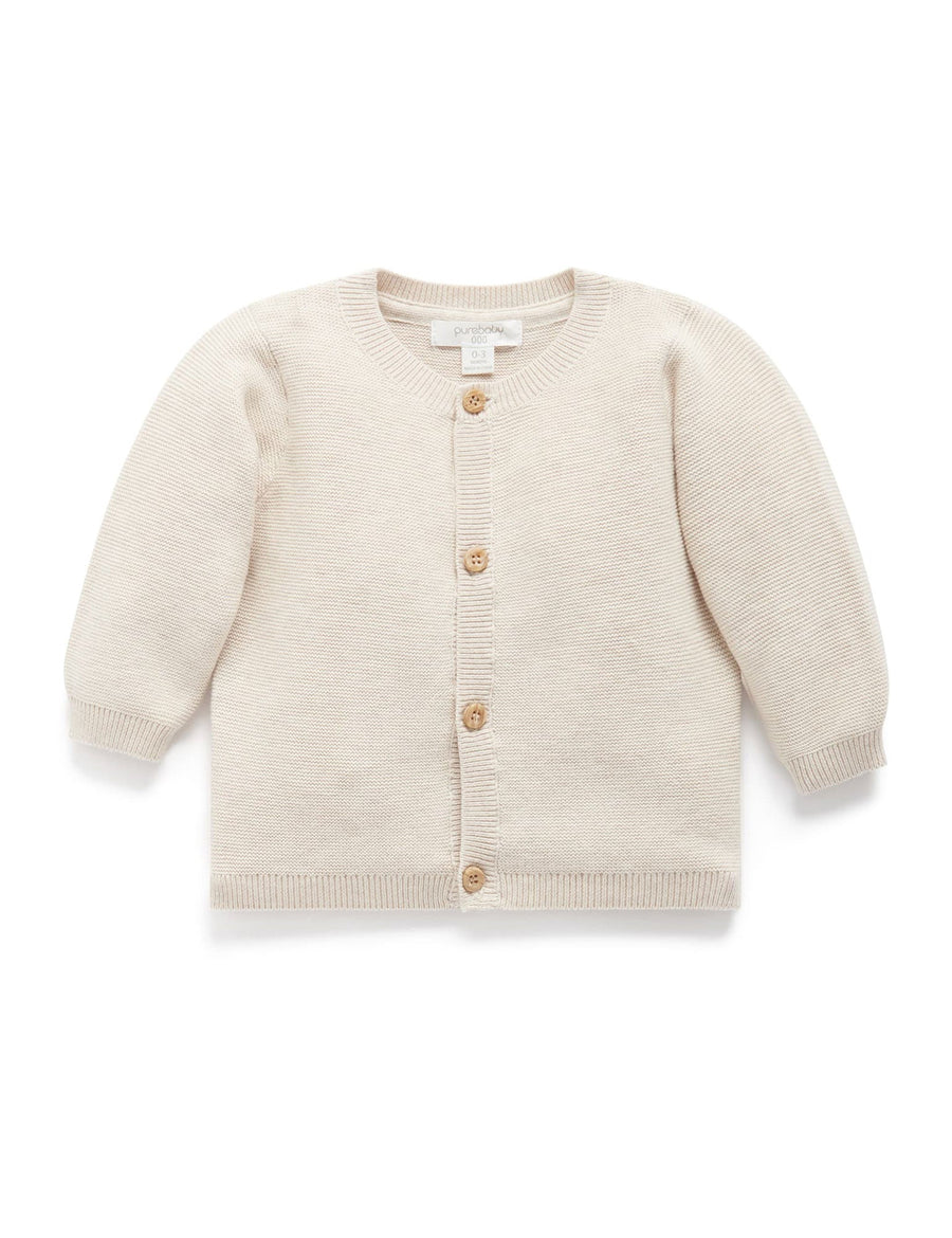 Purebaby Essentials Textured Cardigan in Wheat Melange, organic cotton knit baby cardigan