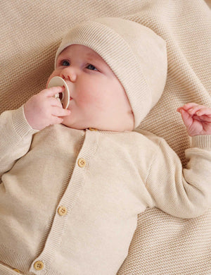 Purebaby Essentials Textured Cardigan in Wheat Melange, organic cotton knit baby cardigan