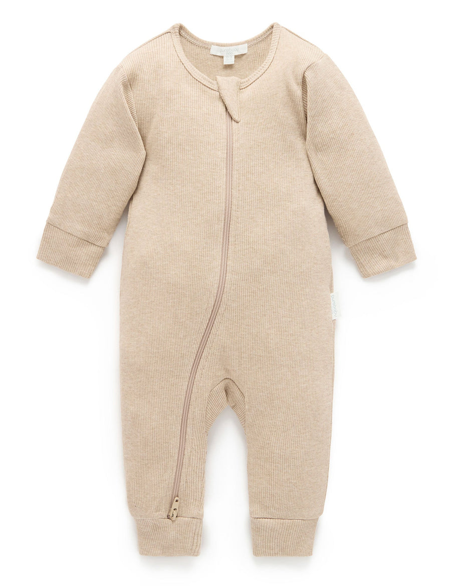Purebaby Ribbed Zip Growsuit in Biscuit Melange