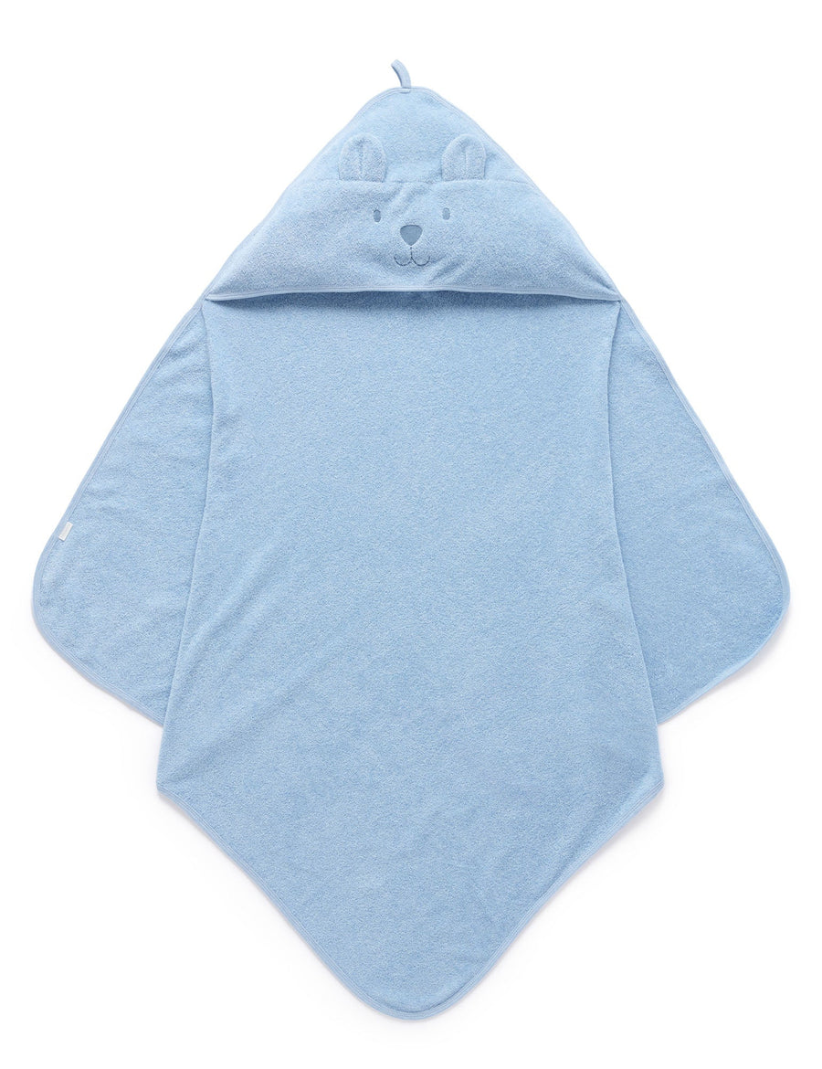 Purebaby Hooded Bear Towel in Pale Blue Melange, organic cotton baby bath towel with bear-embroidered hood