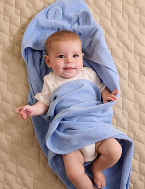 Purebaby Hooded Bear Towel in Pale Blue Melange, organic cotton baby bath towel with bear-embroidered hood