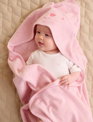 Purebaby Hooded Bear Towel in Pale Pink Melange, organic cotton baby bath towel with bear-embroidered hood