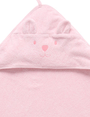 Purebaby Hooded Bear Towel in Pale Pink Melange, organic cotton baby bath towel with bear-embroidered hood