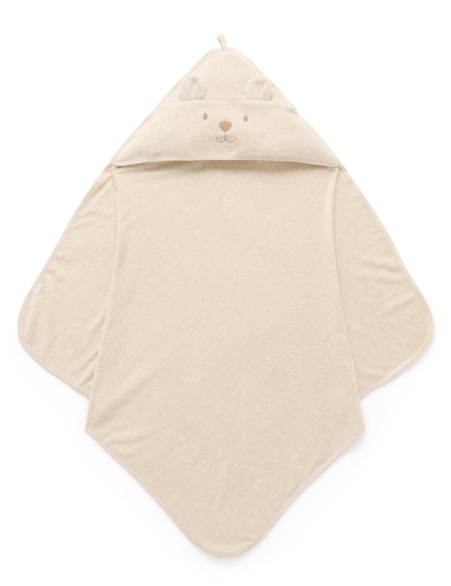 Purebaby Hooded Bear Towel in Wheat Melange, organic cotton baby bath towel with bear-embroidered hood