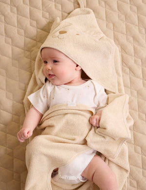 Purebaby Hooded Bear Towel in Wheat Melange, organic cotton baby bath towel with bear-embroidered hood
