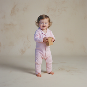 Baby wearing the Count & Countess Ballet Pink Pima romper sleepsuit