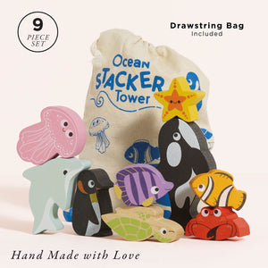 Le Toy Van Ocean Life stacking set with cotton drawstring bag