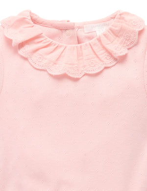 Purebaby Pointelle Ruffle Bodysuit - Guava - scalloped eyelet ruffle