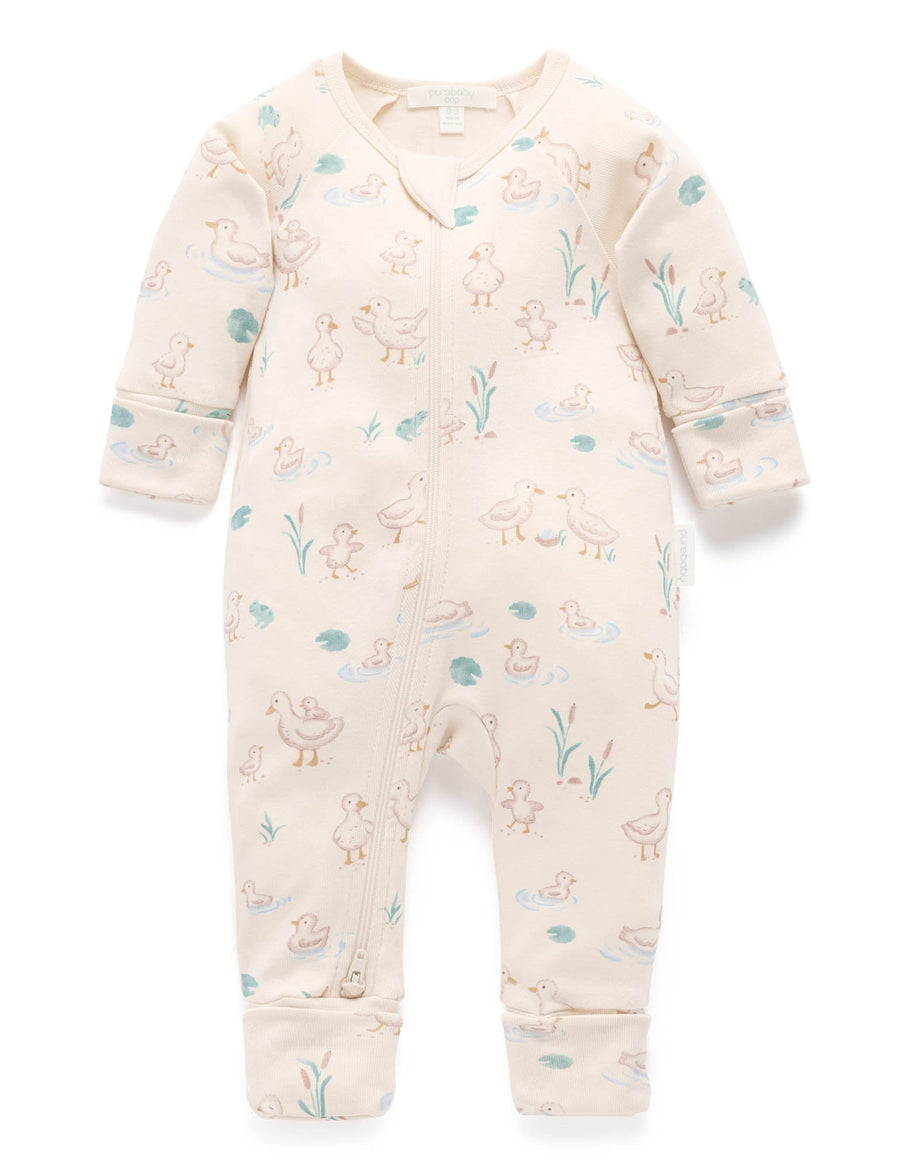 Purebaby Organic Cotton Goose Printed Zip Growsuit