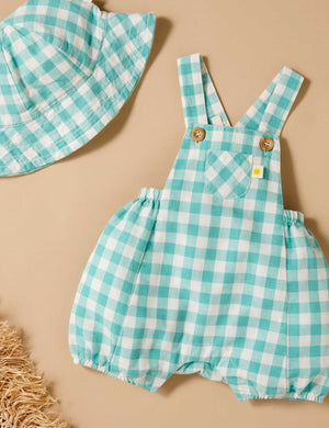 Purebaby Lagoon Gingham Linen Blend Sun Hat styled with the matching overall
