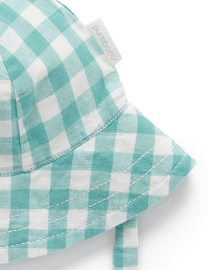 Purebaby Lagoon Gingham Linen Blend Sun Hat - brim and chin strap detail