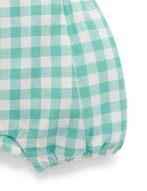 Purebaby Lagoon Gingham Linen Blend Overall - elasticated leg detail