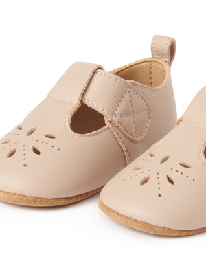 Purebaby Leather Eyelet T-Bar - Blush, eyelet and velcro detail