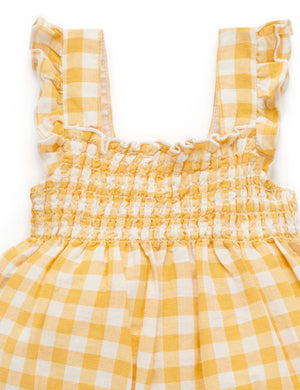 Purebaby Shirred Romper - Pineapple Gingham, flutter sleeve detail
