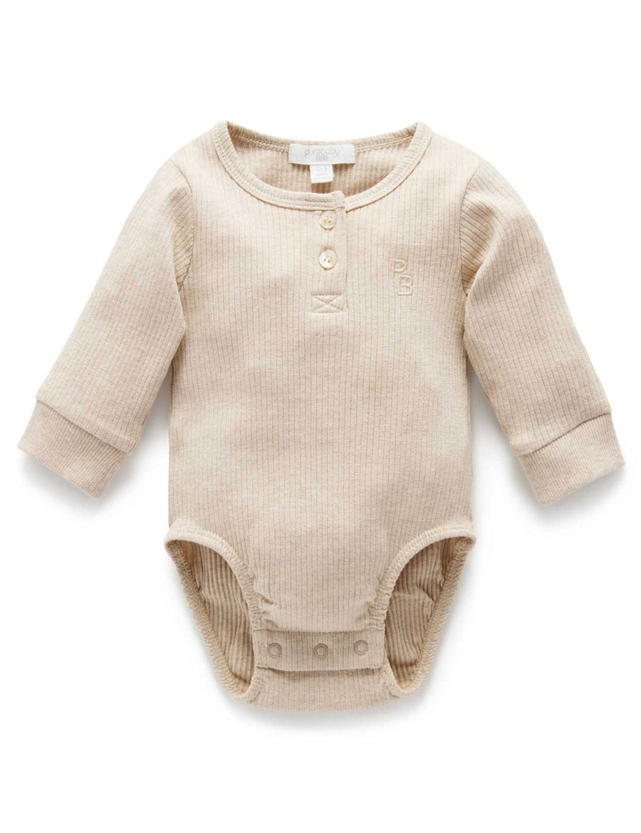 Purebaby Rib Long Sleeve Henley Bodysuit - Biscuit Melange