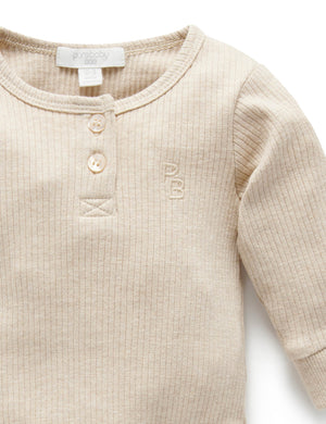Purebaby Rib Long Sleeve Henley Bodysuit - front buttons and embroidered PB logo