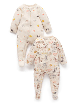 Purebaby 2 Pack Printed Zip Growsuit in Farm Animals Print - official product photo 1