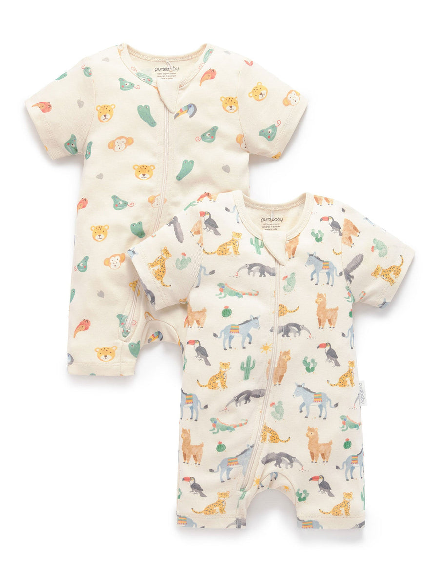 Purebaby 2 Pack Short Growsuit in Fiesta Heads Print - official product photo 1