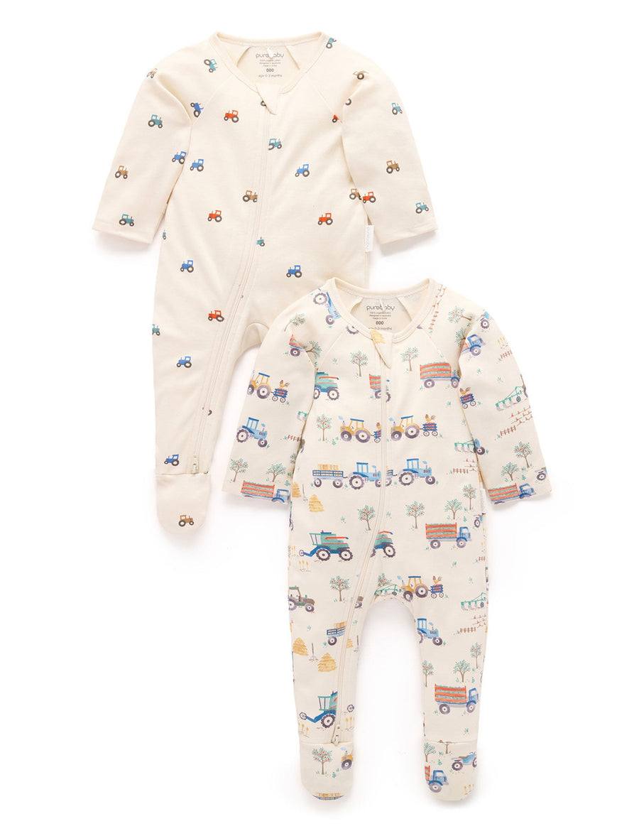 Purebaby 2 Pack Printed Zip Growsuit in Farm Vehicles Print - official product photo 1