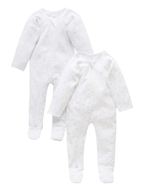 Purebaby 2 Pack Zip Growsuit - Pale Grey Melange Pack, stripe and spot
